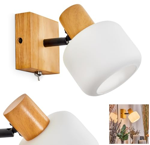 Wandleuchte Miguas, verstellbare Wandlampe aus Holz/Metall/Glas in Natur/Schwarz/Weiß, Leuchte im skandinavischen Design m. verstellbarem Schirm (Ø 8,5cm) u. An-/Ausschalter, 1x E14, ohne Leuchtmittel