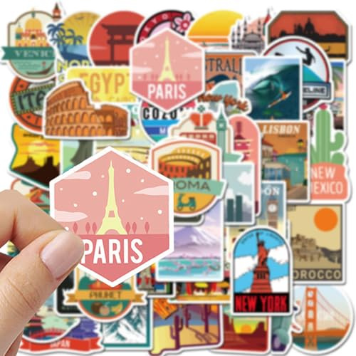 SSKHE 50Pcs Travel Map Country Stickers Laptop Car Scrapbook Phone Skateboard World City Tourist Vintage Travel Stickers,Waterproof Aesthetic DIY Decor Stickers for Teens Boys Girls Adults
