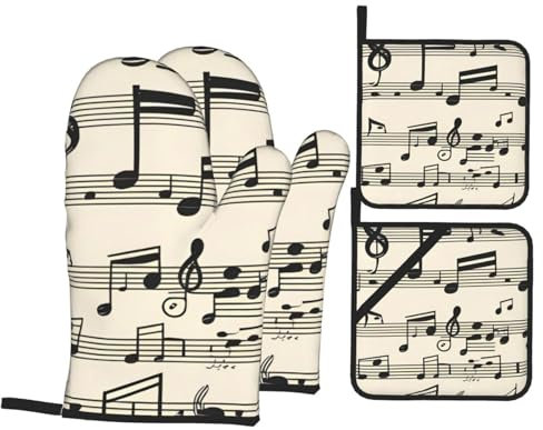 YYHWHJDE Ofenhandschuhe und Topflappen im Vintage-Stil mit Musiknoten, 4er-Set: dick und langlebig, verbrühungsfest und wärmeisolierend