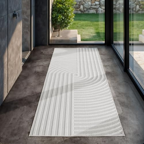 SIMPEX Indoor Outdoor Teppich wetterfest 80x150 cm, 3D Optik, Modern Boho Design, waschbar, Natur Creme Farbe, Teppich Wohnzimmer, Terrasse, Läufer