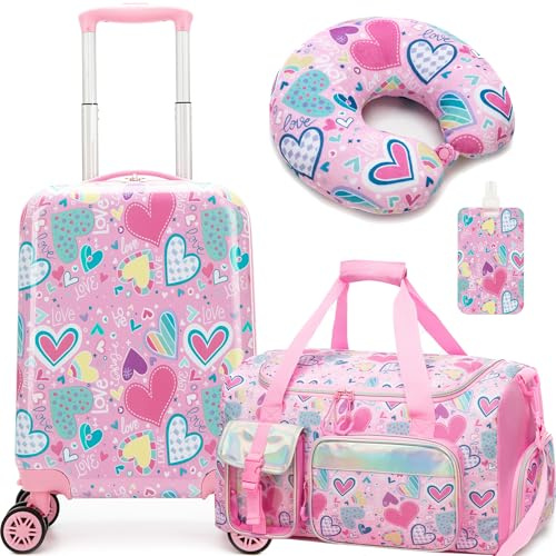HTgroce 3 delar barnresväska och resväska för barn, handbagage för barn med 4 360° hjul resväska set, A-rosa hjärta, 31 x 19.5 x 40.5 cm