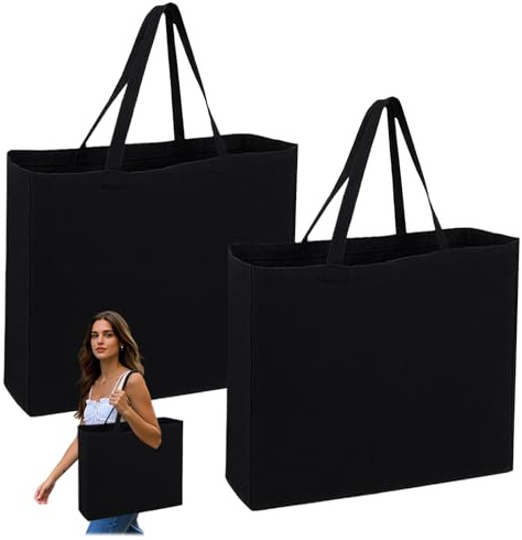 Coztie Borsa in cotone, 2 pezzi, grande, 45 x 35 cm, in cotone, sacchetti di iuta non stampati, per biancheria, sport, shopping, sacchetti di iuta riutilizzabili, nero, 45 x 45 cm, L