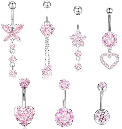 louuuou 7 PCS Dangly Belly Button Bars Belly Ring Set,Pink Cool Surgical Steel Bellys Bars Various Shapes of Bellys Button Piercing Suitable for Beaches Swimsuits and Short Tops