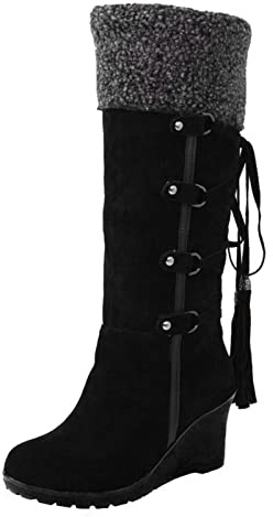 Stivali invernali da donna, foderati, caldi, da donna, in pelle scamosciata, con zeppa, stivali occidentali, autunno, inverno, stivali da lavoro, Nero , 39