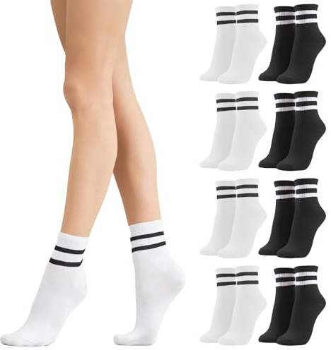 LXEASYGO 8 Pairs Ladies Striped Crew Socks Breathable Cotton Women Sports Casual Ankle Socks for Women Multipack Size 4-7 (UK, Alpha, One Size, Regular, Regular, 4Black+4White)