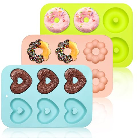 3 Stück Donuts Backform, Antihaft DonutForm Backblech, 26 x 18 cm Donut Form, Silikon Donut Backform mit 6 Mulden, Donut Maker, Rund, Blumenförmig und Herzform, Silikonformen Backen für Muffins,Bagels