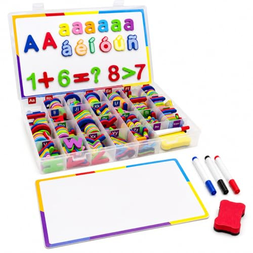 Rusokufo 258 Letras y Números Magnéticos Españoles para Niños, Juego de Alfabeto con Pizarra Blanca, Rotuladores, Borrador, Juguete Educativo para Idioma y Matemáticas