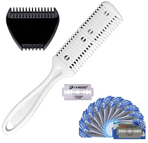 ALAZCO Combo Set, White Plastic Personal Double Edge Razor Comb Hair Beard Bikini Trimmer and Mini 3-Razor Black Plastic MANUAL TRIMMING Comes with 12 Extra Blades