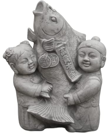 gartendekoparadies.de Japanische Kinder Figur mit Koi Fisch, Steinfigur, H. 41 cm, 16 kg, Grau, frostsicher aus Steinguss für Außenbereich
