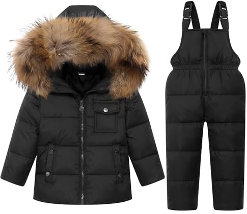 Niño Niña Conjunto de Esquí, Chaqueta con Capucha + Pantalón de Esquí Impermeable Traje de Nieve 2 Piezas Traje de Esquí Abrigos de Pluma Pantalones de nieve Pantalones de Babero, Negro 2-3 Años