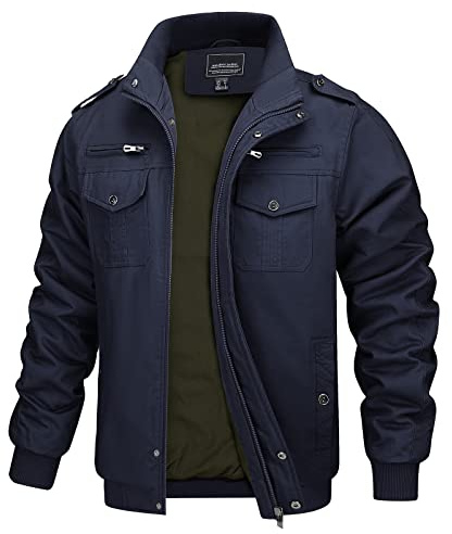 MAGCOMSEN Herren Cargo Jacke Frihling Pilotenjacke Stehkragen Übergangsjacke Casual Feldjacke Leicht Arbeitsjacke, Navy L