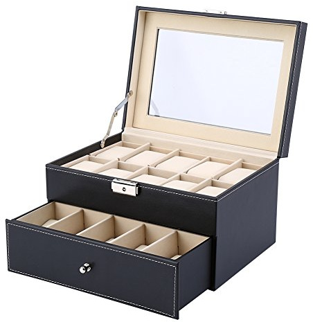 Estink Holz Uhrenbox, Uhrenkasten Aufbewahrungbox für 6 10 12 20 24 Uhren, PU Leder außen, mit Samt Schwarz (20)