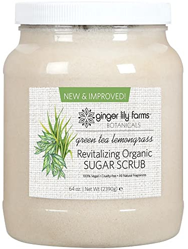 Ginger Lily Farms Botanicals Revitalizing Organic Sugar Scrub, All-Natural Skin Exfoliating Sugar Crystals, 100% Vegan & Cruelty-Free, Green Tea Lemongrass, 64 oz.