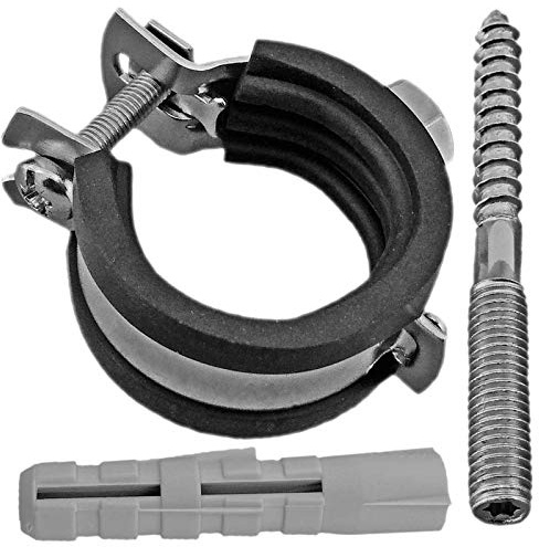 MegaHaustechnik Gelenk-Rohrschelle aus Stahl verzinkt, mit Stockschraube und Dübel, Spannbereich 32 bis 36mm Rohr-Außendurchmesser 1 Zoll, mit Schallschutz, mit M8 Gewinde-Mutter