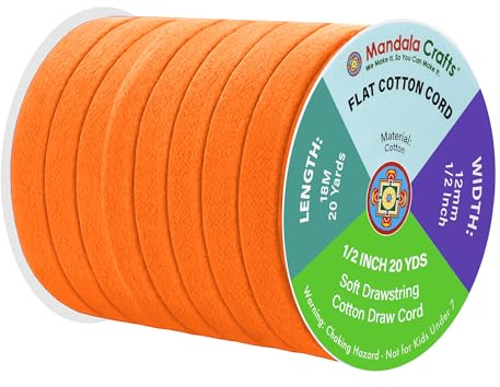 Mandala Crafts Orange Flat Drawstring Replacement, 1/2 Inch 20 Yds Orange Soft Drawstring Cotton Draw Cord Hoodie Sweatpants Drawcord Replacement