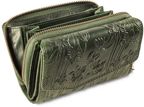 MATADOR Leder Geldbörse Damen Mittelgroß #Sevilla mit Geschenk Box, Luxus RFID Geldbeutel Damen, Geldtasche Frauen Viele Fächer, Leder Brieftasche, Edles Portemonnaie Frauen Blumen Grün