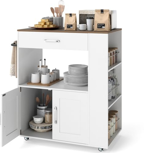 GOPLUS Desserte à roulettes, Chariot Cuisine Rangement avec Placard, Armoire, Support à Épices 3 Niveaux et Porte-Serviettes, Meuble Rangement pour Cuisine, 82 x 50 x 92 cm (Blanc+Brun, Moderne)