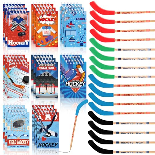 Kisston 48 st hockeyfestgåvor för barn inkluderar 24 mini anteckningsböcker sportanteckningsblock och 24 pennor med radergummi, hockeygåvor för studenter, lärare, kontor, skolbelöning