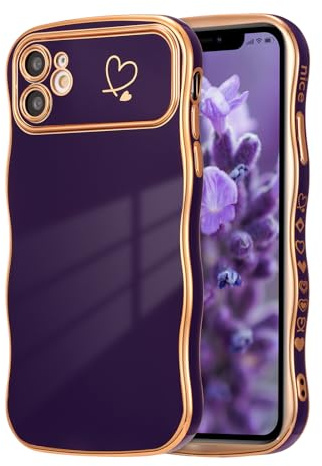 ZTOFERA Compatible with iPhone 11 Case for Girls Women, Cute Curly Wave Frame Shape Soft Silicone Case with Love Heart Pattern Plating Trim Shockproof Bumper Cover, Dark Violet