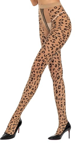 MANZI Collant da donna fantasia velato cuore pois leopardato nero collant 20D, Leopardo-Naturale, Taglia unica