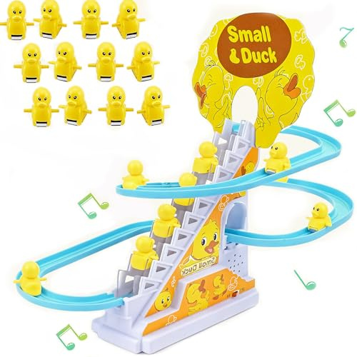 JUXINE Elektrische Ente Treppensteigen Spielzeug - 12 Stück Achterbahn Musik Montessori Baby Spielzeug, Track Slide Stairs Coaster für Kleinkinder