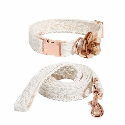 UOSIA Hundekragen und Leinen -Set EIN verstellbares Mädchen Blumen Haustierkragen, Baumwollspitzen handgefertigt, Roségold Metallschnalle für mittelgroße große Hunde (weiß, M)