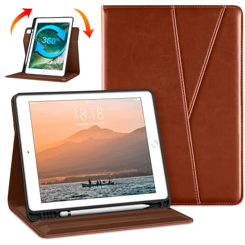 DTTO Rotierende Hülle für iPad 6. / 5. Generation 9,7 Zoll 2018/2017, iPad Air 2 / Air 1 Hülle, 360 Grad Schwenkbare Premium Leder Folio Ständer Cover mit Bleistifthalter, Braun