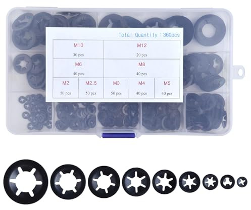 LEONTOOL 360PCS Rondelles de blocage dent internes 9 tailles de rondelles de verrouillage à vitesse rapide Kit d’assortiment de clips M2 / M2.5 / M3 / M4 / M5 / M6 / M8 / M10 / M12