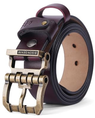 BISON DENIM Ceinture pour homme en cuir véritable classique Heavy Duty Boucle Ceinture décontractée pour jeans, Boucle dorée + ceinture marron, Länge 105cm Fit für Taille 31-33