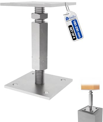 GeZu Impex Justerbar Stolpfot 100x100mm Elförzinkad Set om 4 Justerbar Höjd Stödstol Stolpsko med platta Stolpar Bas Stödfot Betongfot Stolphållare Stödben