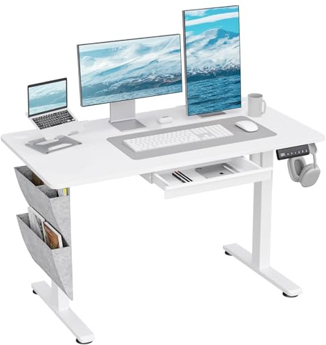 DSNAPE Schreibtisch Höhenverstellbar 120x60 cm mit Schubladen, Weiß | Schreibtisch Elektrisch, 3 Höhen Memory-Funktion, Stoff-Organizer & Haken, Computertisch für Heimbüro Studium