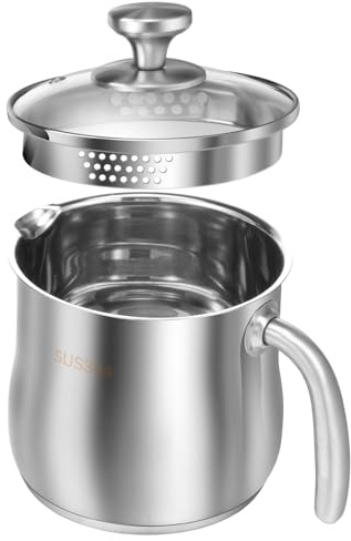 HuhWafee Edelstahltopf mit Glasdeckel, 2 Liter Milchtopf,Deckel mit Dampfloch, Kochtopf Induktion mit Griff und Ausgießer Universaltopf für alle Herdarten