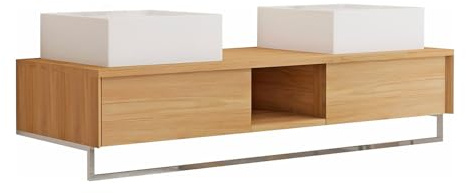 Vente-unique-Mobile bagno sospeso in teak con portasciugamani e doppio lavabo da appoggio quadrato in ceramica 140 cm - KUPANG