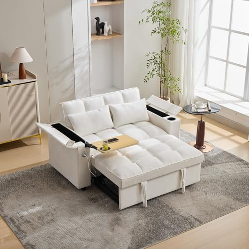 Sofá Convertible de 2 plazas con USB y respaldo ajustable, sofá cama de 2 plazas con mesa oculta y portavasos, sofá de 2 plazas plegable multifuncional con cojines en el salón dormitorio Appt, beige