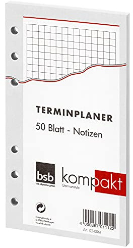 bsb Ersatzeinlage Notizen - 6-fach Lochung - liniert - Größe: circa A6 - für bsb Kompakt Terminplaner Organizer, 02-0060