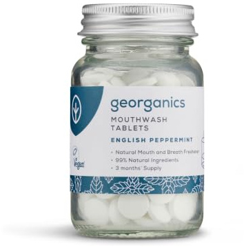 Georganics – naturliga ekologiska munsköljtabletter – tandrengöringstabletter för frisk andedräkt med natron och mentol – vegan, utan SLS, djurförsök och fluor – engelsk pepparmynta – 180 tabletter