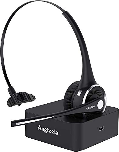 Angteela Trucker Bluetooth Headset with Microphone, Wireless Cell Phone Headset with Noise Canceling Mic Charging Base Mute Function for Home Office Call Center Skype (Black&Silver)