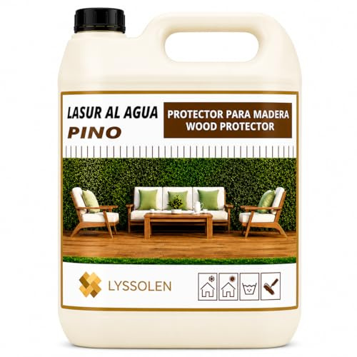 LYSSOLEN Lasur Protector Barniz Madera Exterior e Interior | Al Agua, Poro Abierto, Satinado Color Pino | Impermeabilizante con Filtro UV para Terrazas, Vallas, Pérgolas y Vigas | 8 Años | 5 Litros