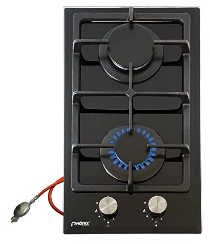 Phönix Domino-DG Plaque de cuisson à gaz encastrable en verre avec 2 feux propane/gaz naturel avec régulateur de tuyau de gaz