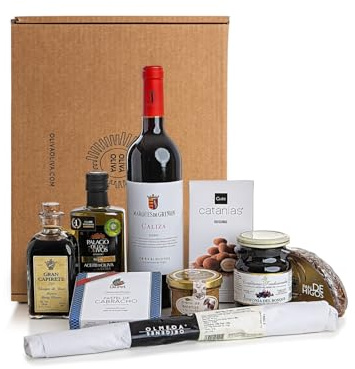 Cesta Gourmet Regalo OLIVA PREMIUM - Aceite Virgen Extra Palacio de los Olivos, Vino Valdepusa Marqués de Griñón, Capirete, embutidos ibéricos, conservas, Pastel de Cabracho y dulces gourmet