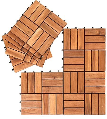 Jiubiaz Holzfliesen Akazienholz,30 x 30 cm, 5 m² Bodenfliesen wetterfest terrassenfliesen leicht verlegbar terassenboden außen (12 Latten | 55er Set)