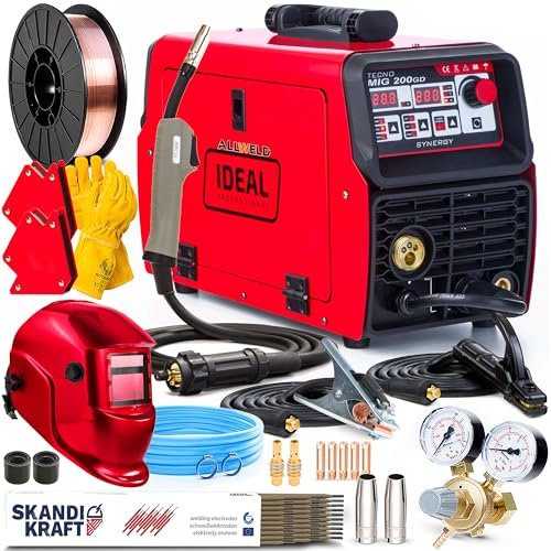 Ideal Tecno MIG 200 GD - Saldatrice a Filo Continuo con Gas 200A - MIG/MAG, MMA, TIG DC (LIFT), FLUX - Regolazione dell'Induttanza, Saldobrasatura - Modalità 2T/4T, Tecnologia IGBT - Set Premium