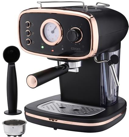 Cooks Professional 15-Bar Retro Espresso Coffee Machine with Frothing Steam Wand, Built-In Temperature Gauge, 1.2L Water Tank & Stainless Steel Drip Tray | Black & Copper