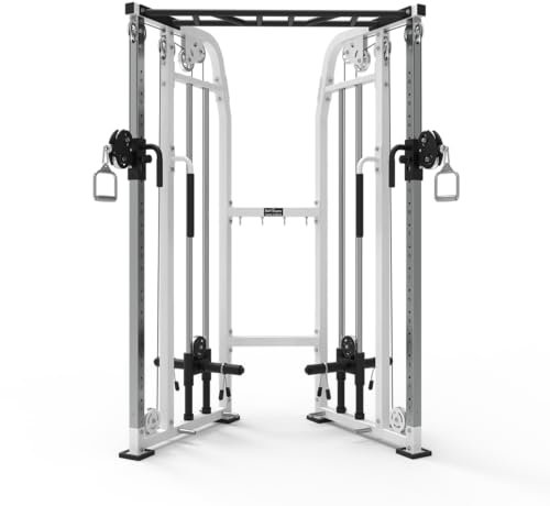 Bad Company fitnessstorm kraftstation med kompakt kabeldragning och armhävstång – lindra, träningsutrustning med hantelskivaam inkl. tillbehör I BCA-152 (vit, aluminiumremskivor)