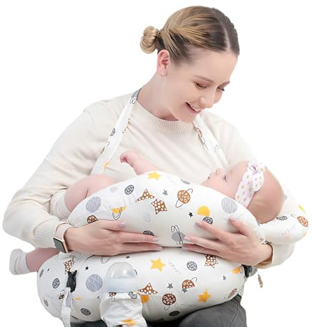 LengSuaa Nursing Pillow for Breastfeeding Baby, Multifunctional Breast Feeding Pillow with Adjustable Waist Strap and Safety Fence, 100% Cotton Removable Pillowcase, Happy Planet