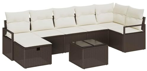 vidaXL 8-delat Trädgårdsoff-set Modulär Utomhus Brun Poly Rattan med Gräddvita Kuddar Justerbara Fötter Avtagbara Överdrag Bekväm Sittning för 5 Personer