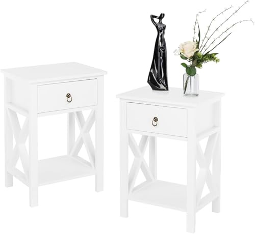 Bonnlo White Bedside Tables Set of 2, Beside Cabinet with Single Drawer, X Shaped Nightstand for Bedroom/Living Room/Small Space, 40 x 30 x 57cm