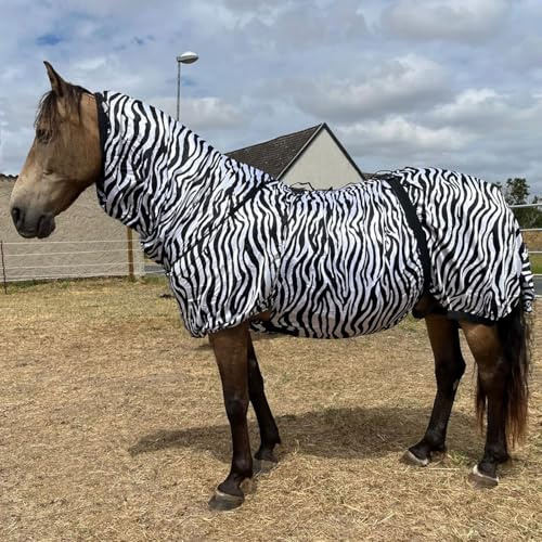 Ekzemerdecke Pferd Zebra mit Halsteil | elastische Einsätze, Bauchlatz & Schweiflatz | Insektenschutz Decke für Sommer | Atmungsaktiv (115)