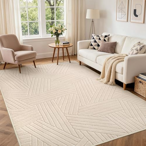 BEIMO Kurzflor Teppich Wohnzimmer 160X230CM, Großer Flauschiger rutschfest Boho Beige Wohnzimmerteppich mit 3D Optik, Waschbarer Moderner Teppich für Schlafzimmer, Küche&Flur