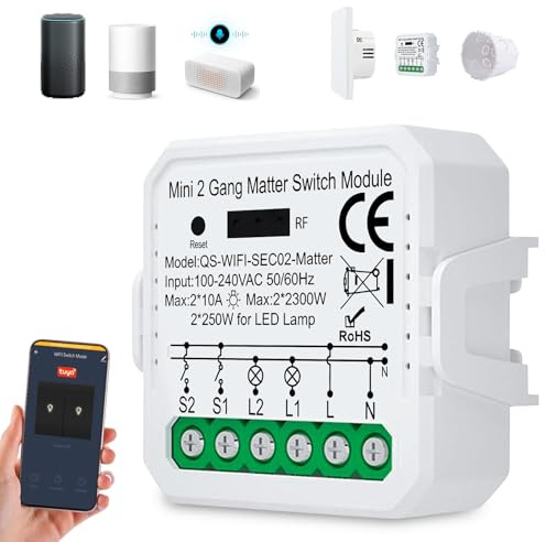 Mini interruttore della luce WiFi Smart Alexa, modulo relè, 2300 W/10 A, interruttore WiFi da incasso con neutro, compatibile con Tuya, Smart Life, Google Home, con funzione timer e scene